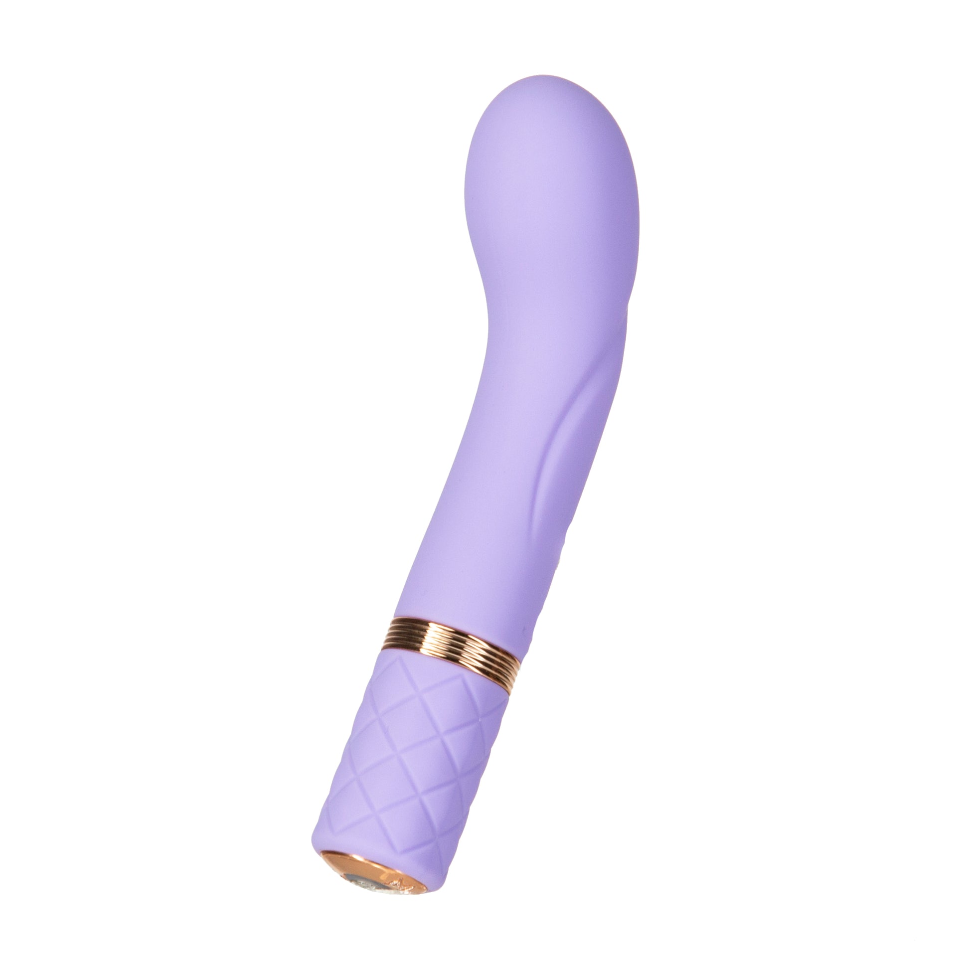 Side angle view of the toy shows its larger head for G-spot stimulation and textured handle (purple).