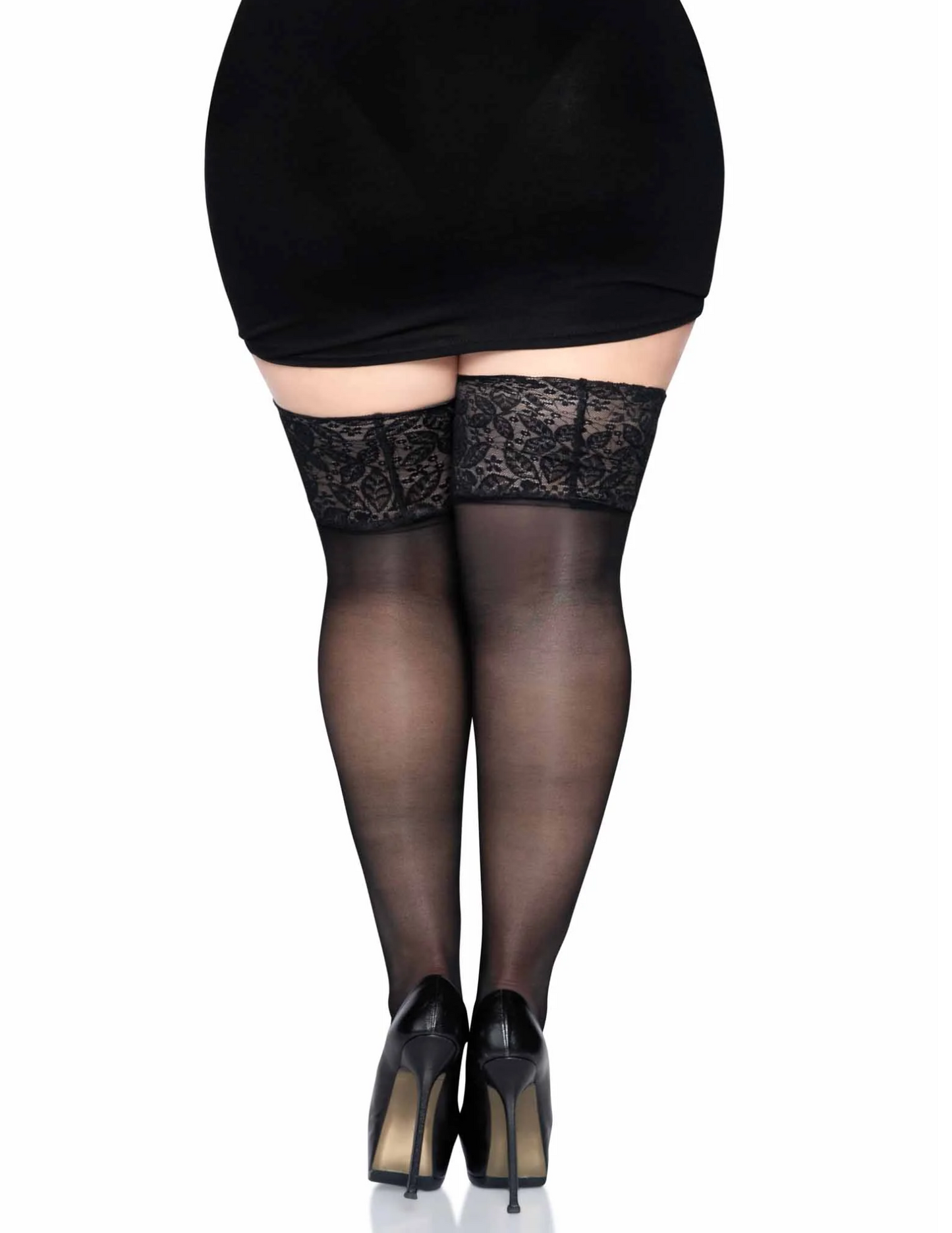 Leg Avenue queen size, sheer lycra silicone stay up lace top thigh highs. Full back view. Black.