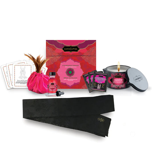 Image shows the Kama Sutra Treasure Trove Romantic Playset and what's included.