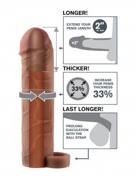 Diagram shows the dimensions and benefits of using the  Fantasy X-Tensions Perfect 2in Extension Sleeve from Pipedreams (brown tone).