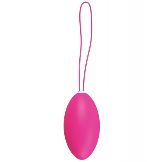 Front view of the vibrating insertable egg and its loop handle (pink).