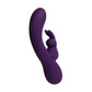 Side angle view of the vibe showing its large head for G-spot stimulation and bunny shaped clitoral stimulator (purple).