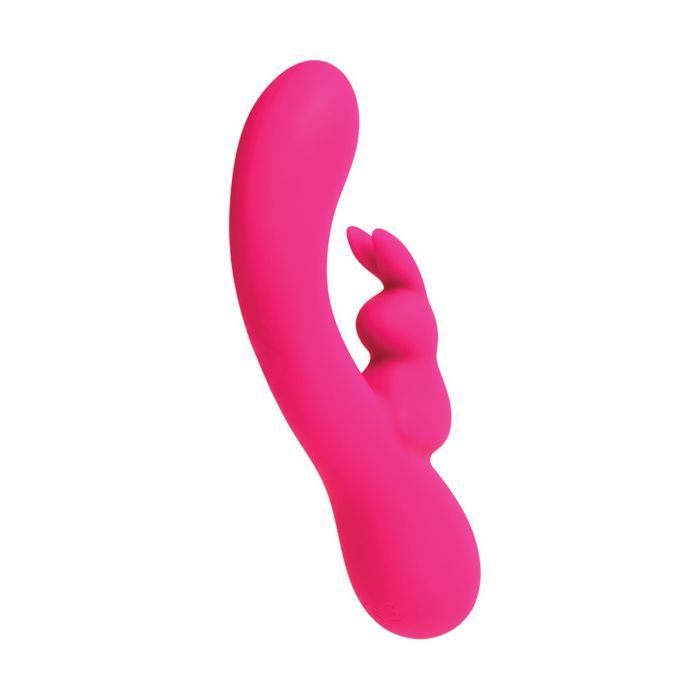 Side angle view of the vibe showing its large head for G-spot stimulation and bunny shaped clitoral stimulator (pink).