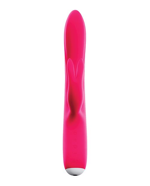 Up-right front view of the vibe showing the split in the ears to snuggle and please the clitoris (pink).