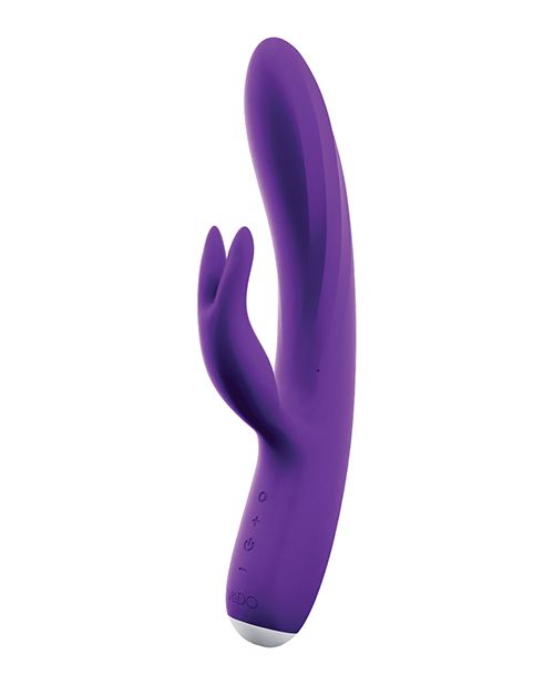 Up-right side angle view of the vibe showing its pointed rabbit ears and unique twisted shaft. It also shows the power and control buttons (purple).