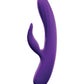 Up-right side view of tthe rabbit vibe showing its slender and contoured shaft and long clitoral stimulator (purple).