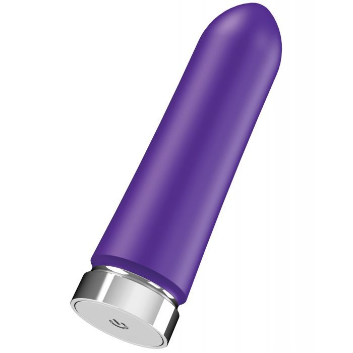 Front side angle view of the BAM bullet showing the power button and control base and narrow tip for clitoral stimulation (purple).