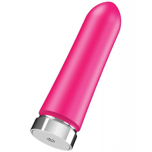 Front side angle view of the BAM bullet showing the power button and control base and narrow tip for clitoral stimulation (pink).