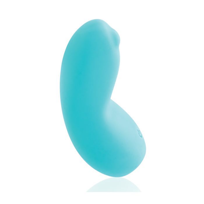 Up-right side view of the Izzy showing the nub at its top as well as its curved shape making it perfect for a lay on toy (turquoise).