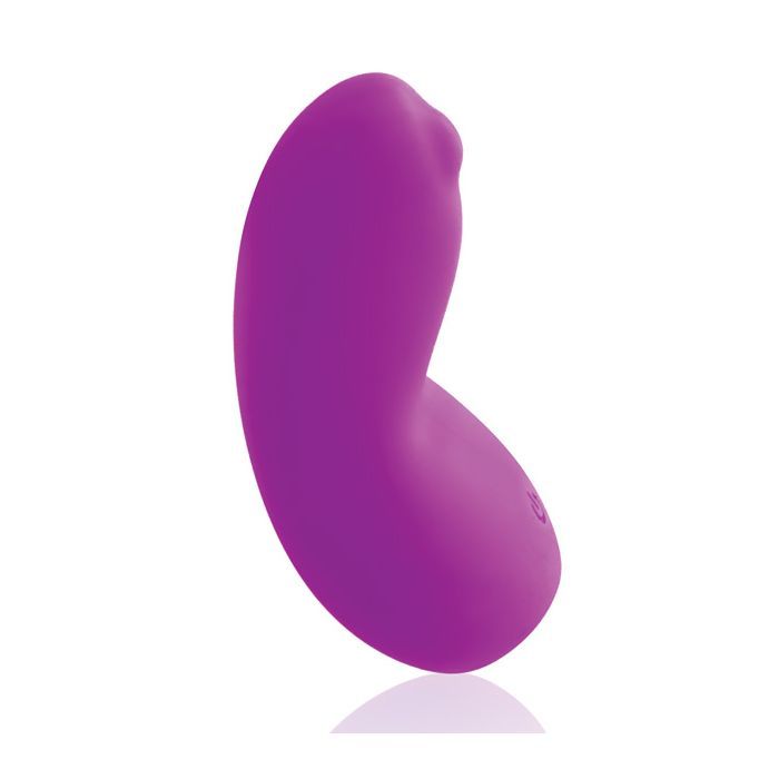 Up-right side view of the Izzy showing the nub at its top as well as its curved shape making it perfect for a lay on toy (violet).