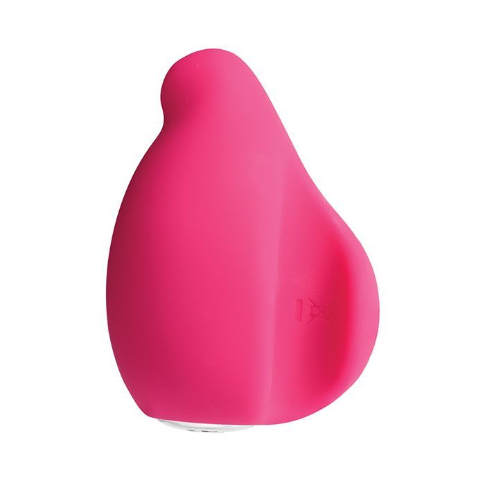 Side view of the finger vibe showing its unique finger hold grip and clitoral nub for max pleasure (pink).