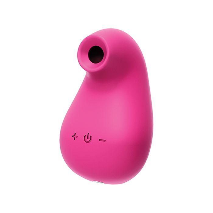 Up-right angle view of the toy showing its suction opening and power/control buttons (pink).