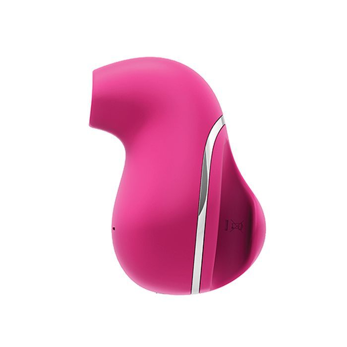 Up-right side view of the toy showing its finger hold and ergonomic curves (pink).