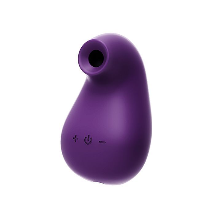 Up-right angle view of the toy showing its suction opening and power/control buttons (purple).