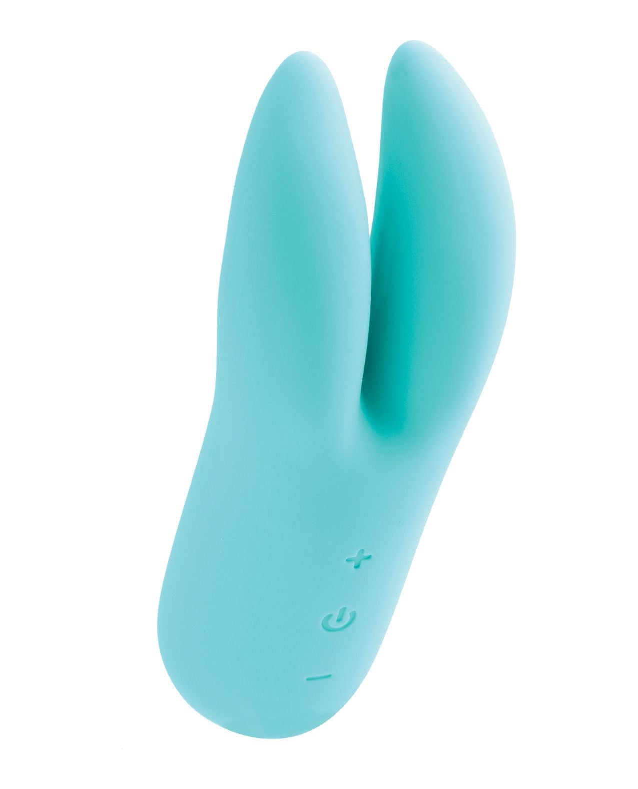 Back side angle view of the dual vibe showing the division in the 2 ears as well as the power and control buttons (turquoise).