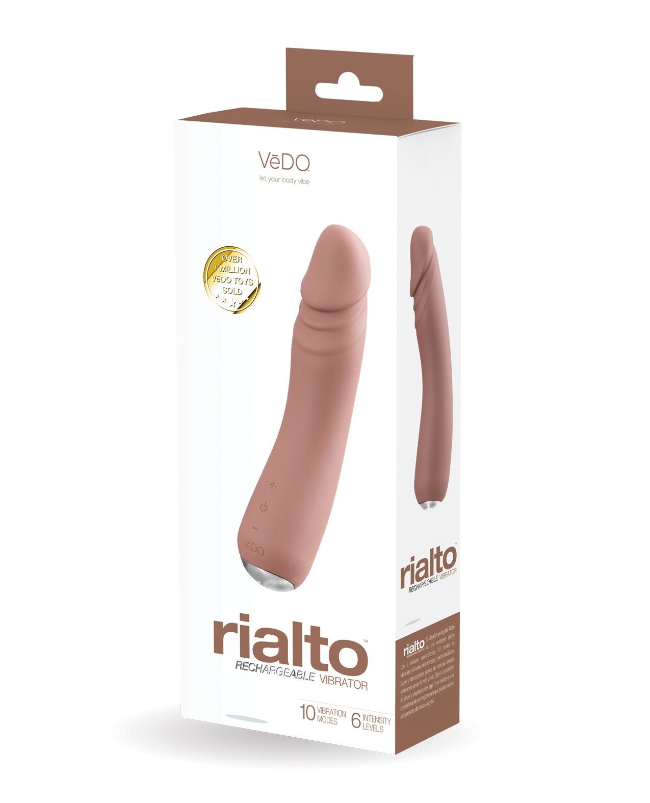 VeDO Rialto Realistic Vibrator in its box (caramel).