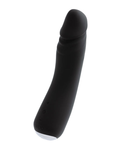 Side angle view of the vibrator showing its realistic head and skin like texture (black).
