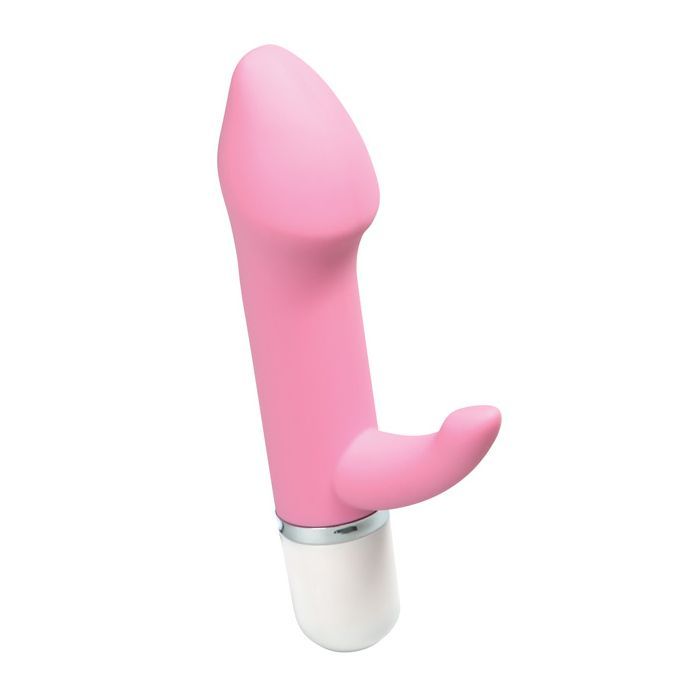 Up-right side view of the mini vibe that shows its phallic shaped head and small clitoral stimulator (pink).