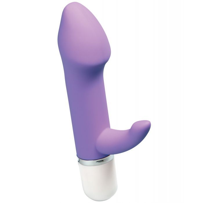 Up-right side view of the mini vibe that shows its phallic shaped head and small clitoral stimulator (orchid).