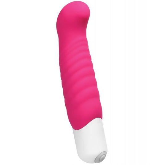 Side angle view of the vibe showing its ribbed texture for maximum pleasure, and its bulbous head for G-spot enjoyment (hot pink).