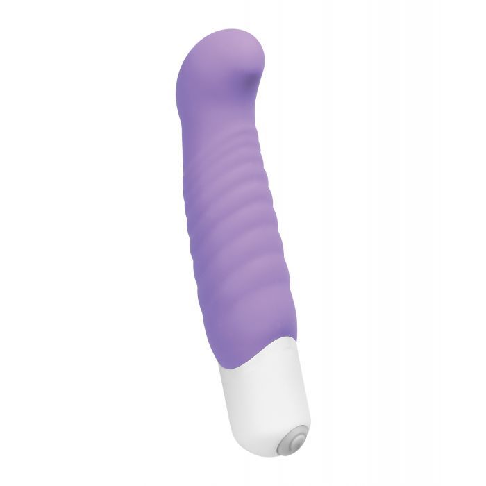 Side angle view of the vibe showing its ribbed texture for maximum pleasure, and its bulbous head for G-spot enjoyment (orchid).