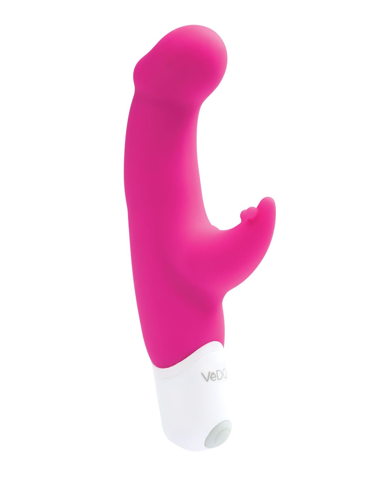 Joy vibe, side view showing its clitoral tickler and bulbous G-spot head (hot pink).
