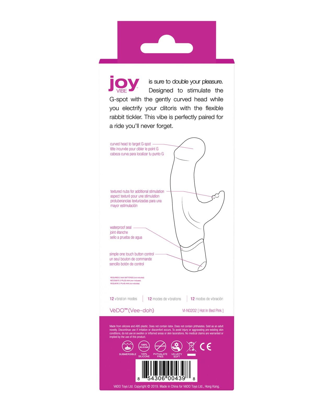 Back of the Joy vibe box showing illustrations of some of its features (hot pink).