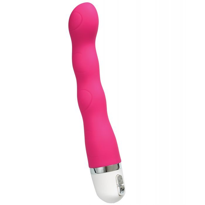 Side angle view of the battery powered vibe showing the same curves as the rechargeable version (pink).