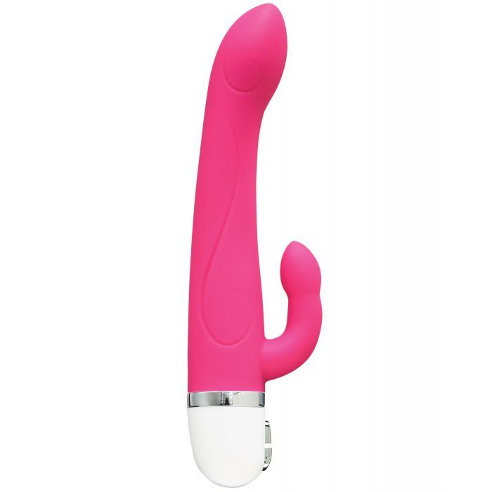 Side view of the vibrator showing its unique narrowness and small clitoral stimulator (hot pink).