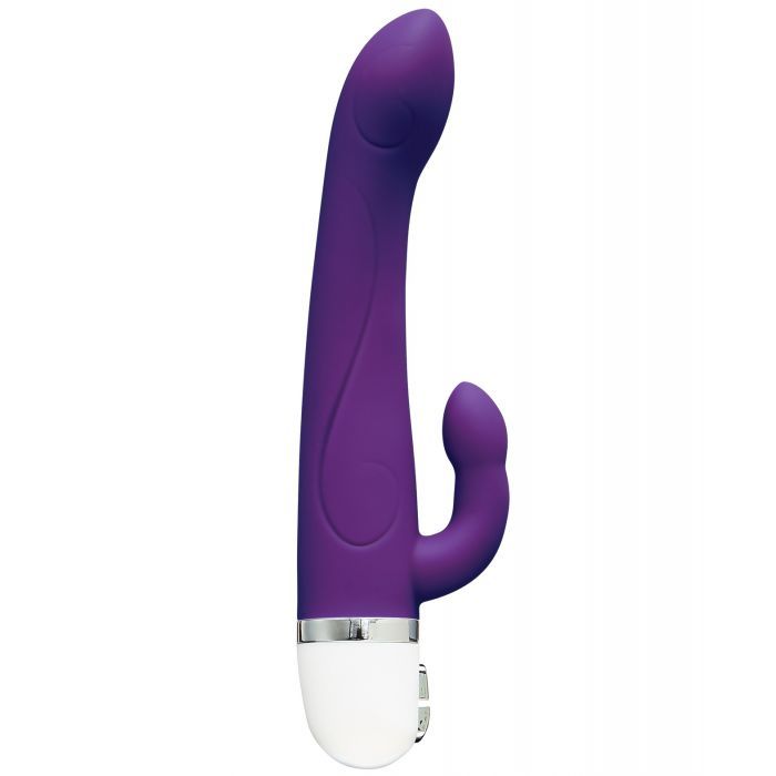 Side view of the vibrator showing its unique narrowness and small clitoral stimulator (indigo).