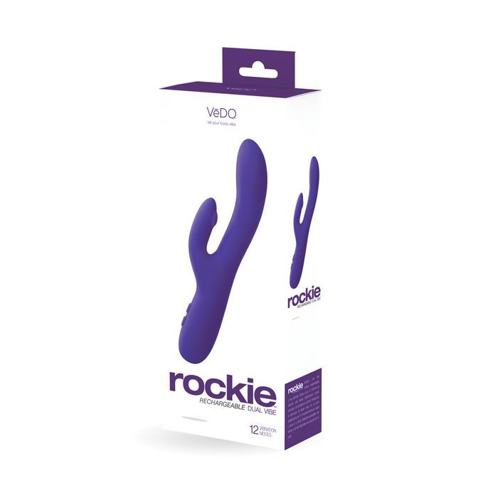 VeDO Rockie Silicone Dual Vibrator in its box (purple).
