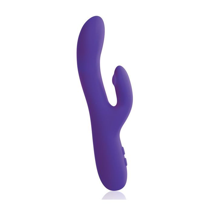 Up-right side view of the dual vibe showing its G-spot head and nub for the clitoris on the tip (purple).