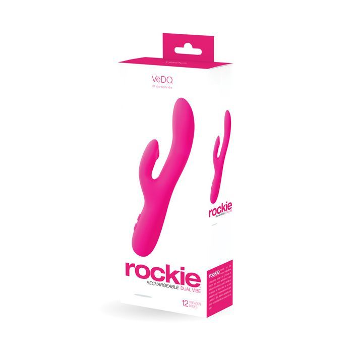 VeDO Rockie Silicone Dual Vibrator in its box (pink).