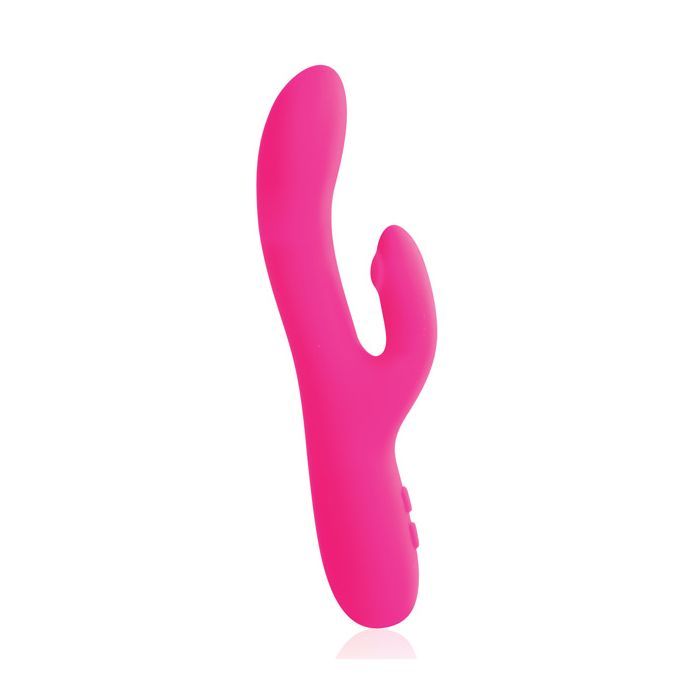 Up-right side view of the dual vibe showing its G-spot head and nub for the clitoris on the tip (pink).