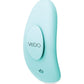 Side angle view of the panty vibe showing the power button and magnetic stay put clip (turquoise).