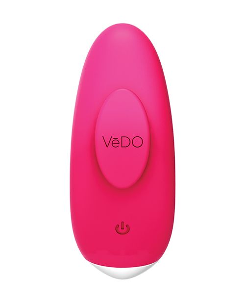 Front view of the panty vibe with the stay put magnet and power button (pink).
