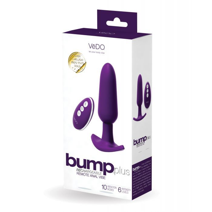 VeDO Bump Plus Vibrating Anal Plug with Remote in box (purple).