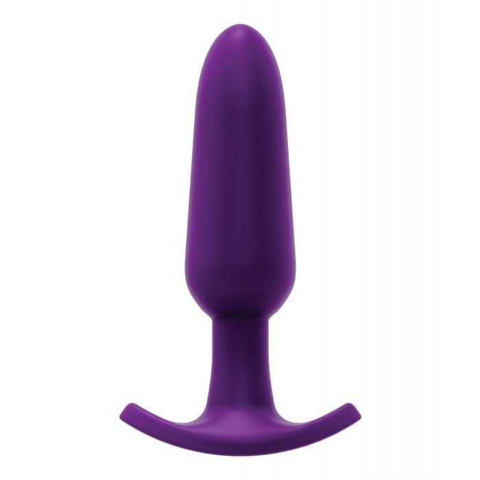 Up-right front view of the anal plug that shows its body fitting contours (purple).