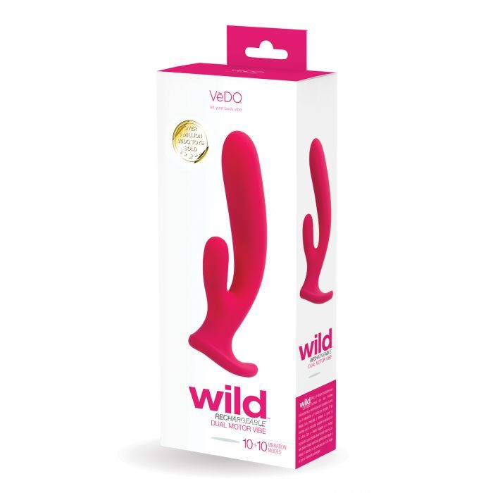 VeDO Wild Rechargeable Dual Vibe in its box (hot pink).