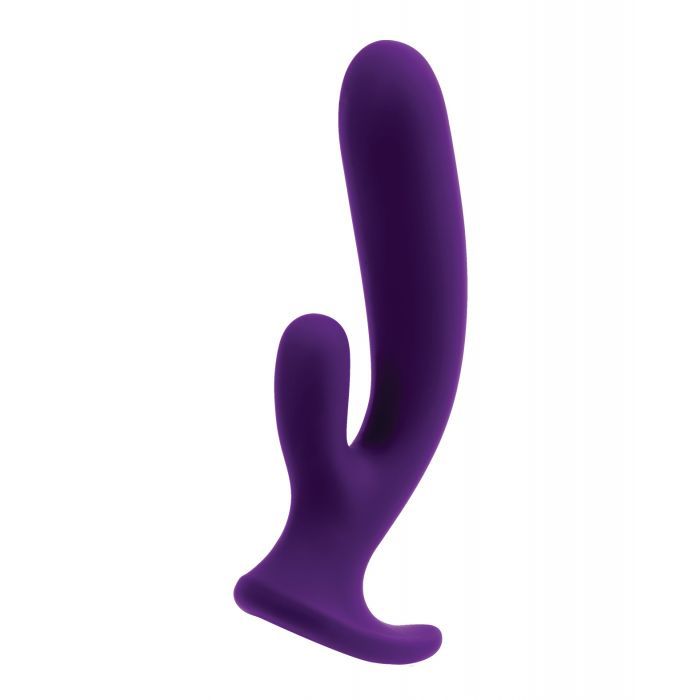 Side view of the vibrator showing its curved shape perfect for G-spot and clitoral stimulation (purple).