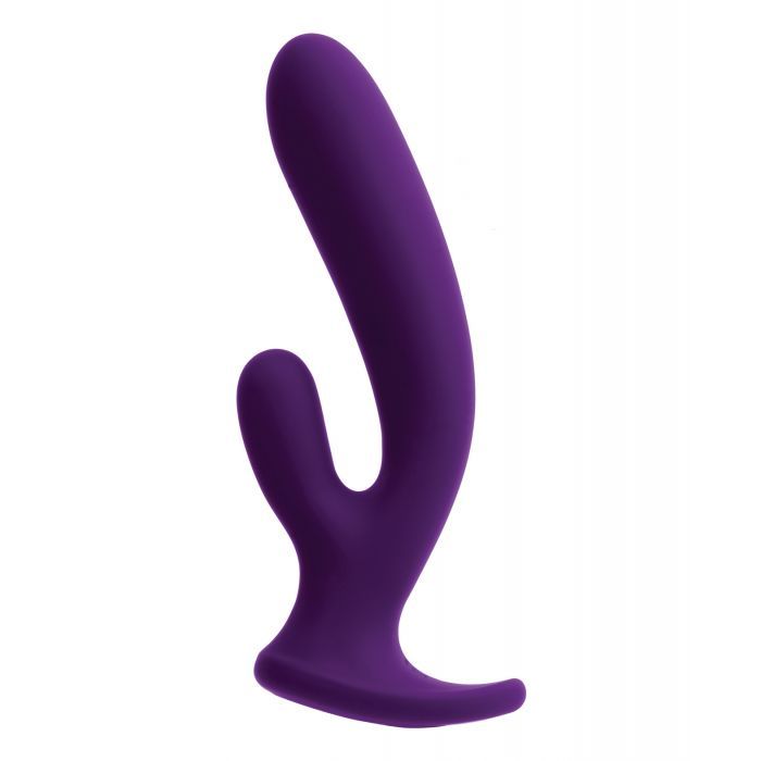 Side view of the vibrator showing its curved shape perfect for G-spot and clitoral stimulation (purple).