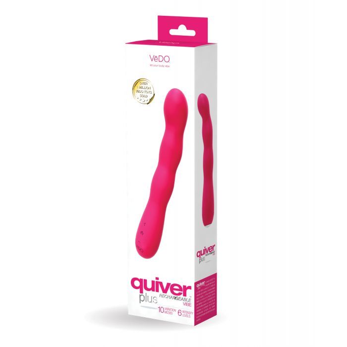 VeDO Quiver Plus Rechargeable Silicone Vibrator in its box (pink).