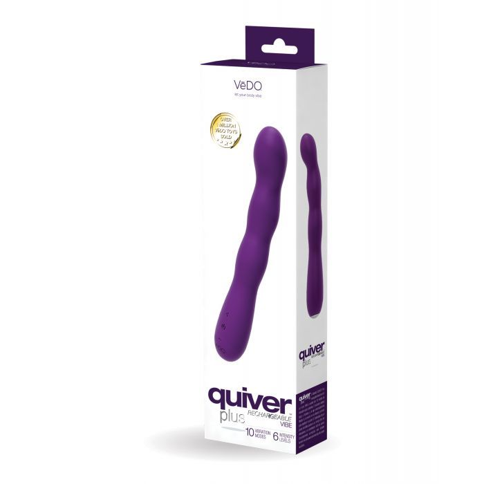 VeDO Quiver Plus Rechargeable Silicone Vibrator in its box (purple).
