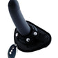 Image shows the side angle of the vibrating dong attached to the included harness and the remote control (black).