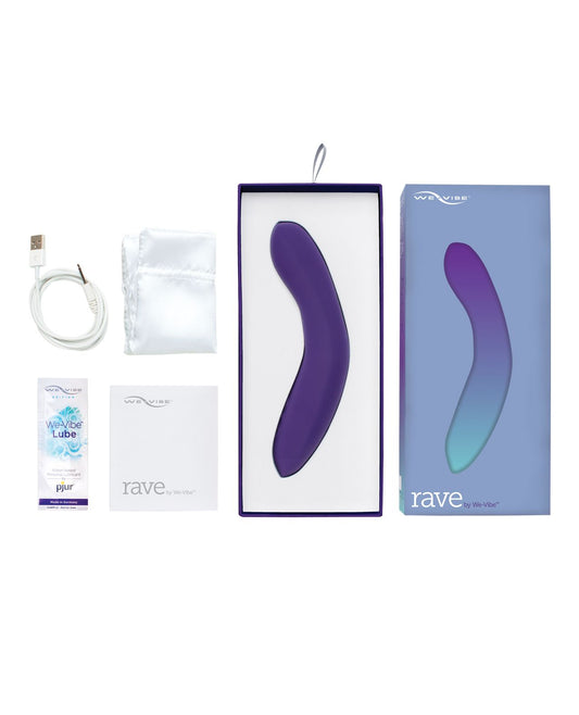 Image shows what comes with the Rave set: USB magnetic charging cord, pjur lube sample, satin storage bag, vibe, and instruction manual.