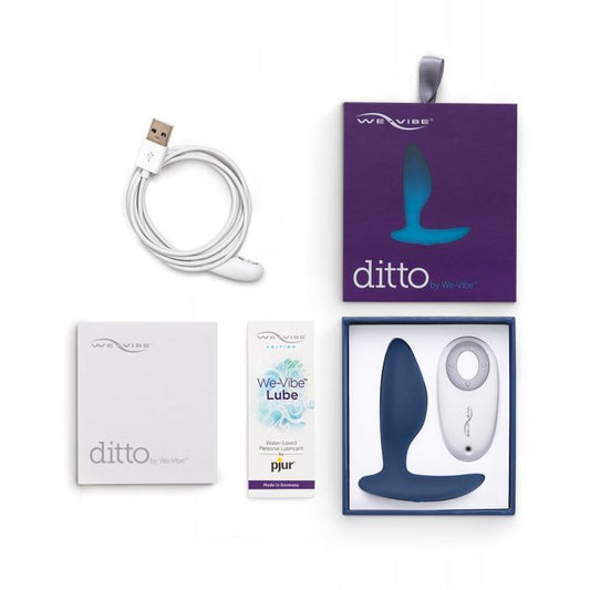 Image shows everything that comes with the Ditto set: USB charging cord, instruction manual, pjur lube sample, plug and remote (blue)..