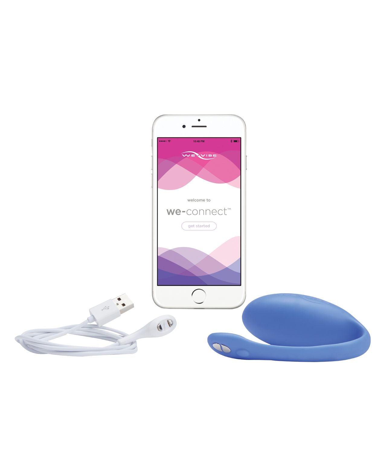 Photo shows the Jive from We-Vibe (blue) along with its magnetic charging cord and the downloadable app for any smart phone.