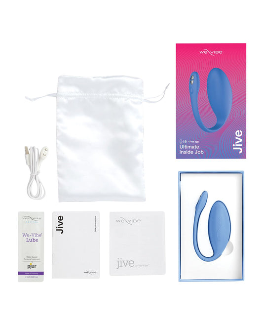 Photo shows all that comes with the Jive from We-Vibe (blue): satin storage bag, lube sample, instructions, charging cord, suggested usage pamphlet, and toy.