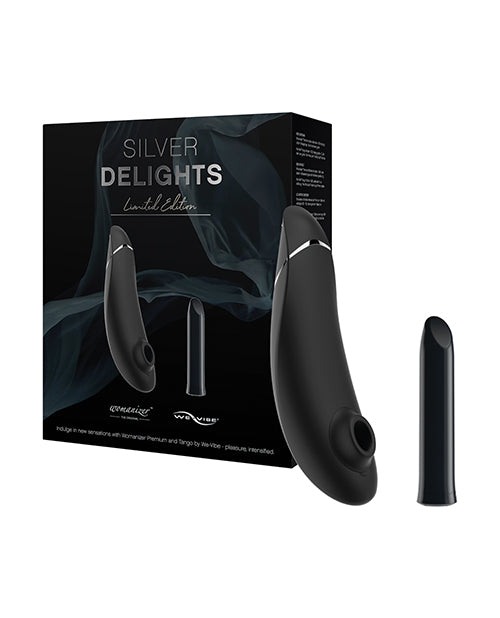 Image shows the Womanizer Premium and We-Vibe Tango (black and silver) next to its box.