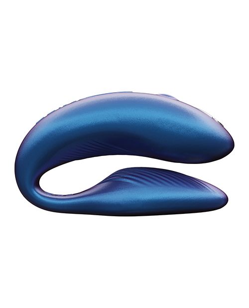Close-up side view of the (cosmic blue) Chorus showing its unique curved shape as well its narrow neck and textured G-spot stimulator.